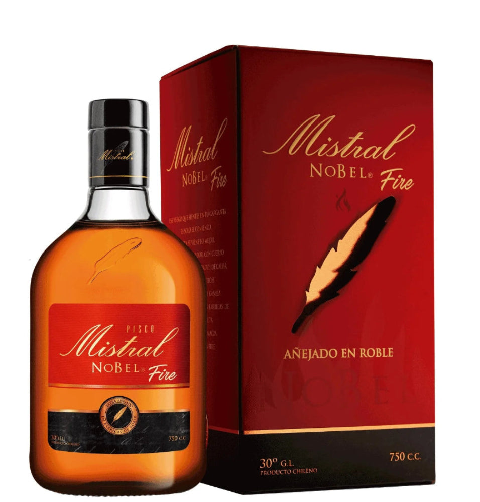Botella de Licor Pisco Mistral Nobel Fire con canela de 750cc con estuche en Comercial Unlitro.