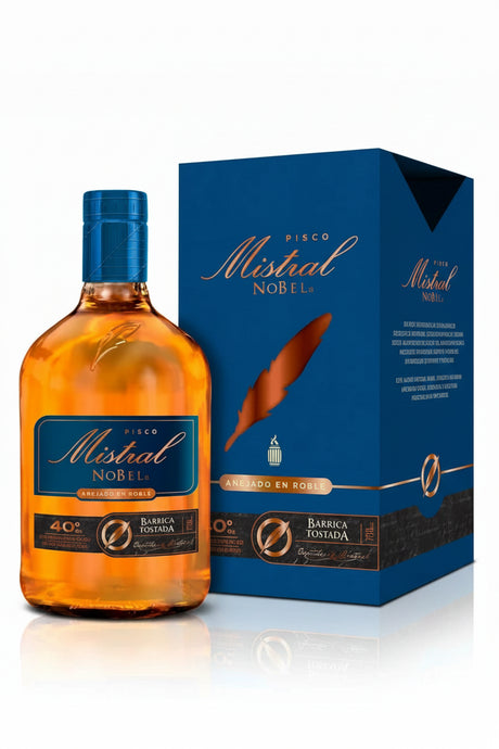 Botella de Pisco Mistral Nobel Barrica Tostada de 750cc con estuche en Comercial Unlitro.