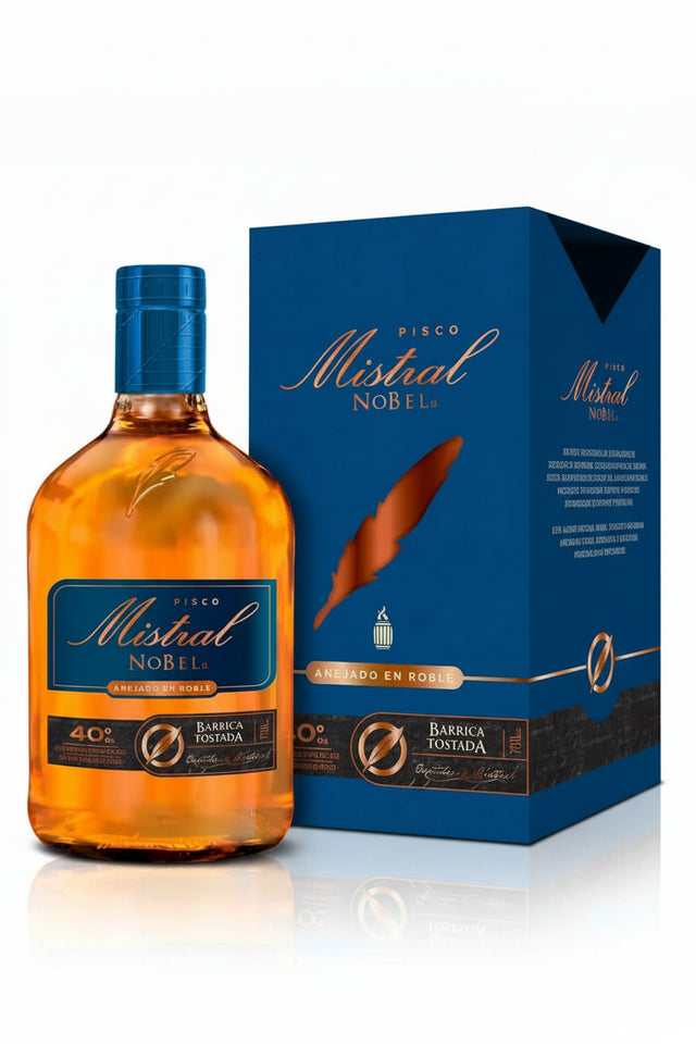 Botella de Pisco Mistral Nobel Barrica Tostada de 750cc con estuche en Comercial Unlitro.