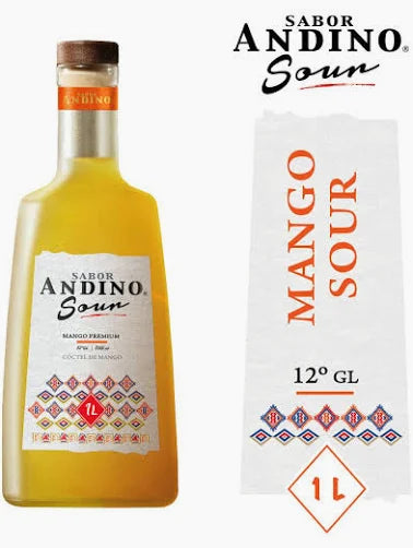 Botella de Mango Sour Sabor Andino de 1 Litro, cóctel preparado frutal chileno con notas suaves, frescas y equilibradas disponible en Comercial Unlitro