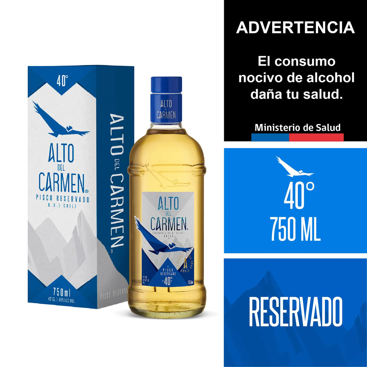 Botella de Pisco Alto del Carmen de 40 grados Especial y 750cc en Comercial Unlitro.