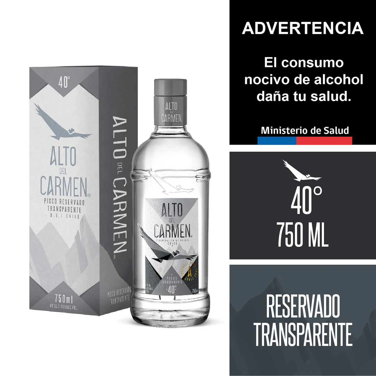 Botella de Pisco Alto del Carmen 40 grados Transparente Doble Destilado de 750cc en Comercial Unlitro.