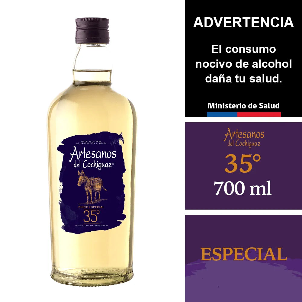Botella de Pisco Artesanos del Cochiguaz de 35 grados y 700cc en Comercial Unlitro.