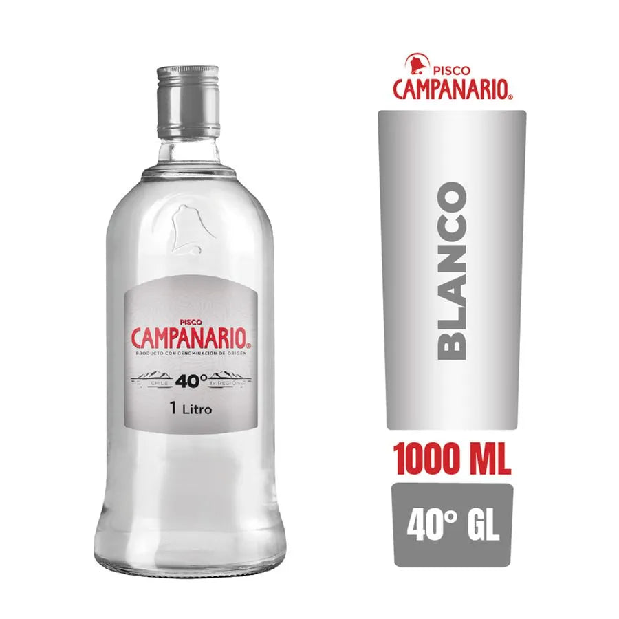 Botella de Pisco Campanario Blanco Transparente de 40 grados y 1 Litro en Comercial Unlitro.