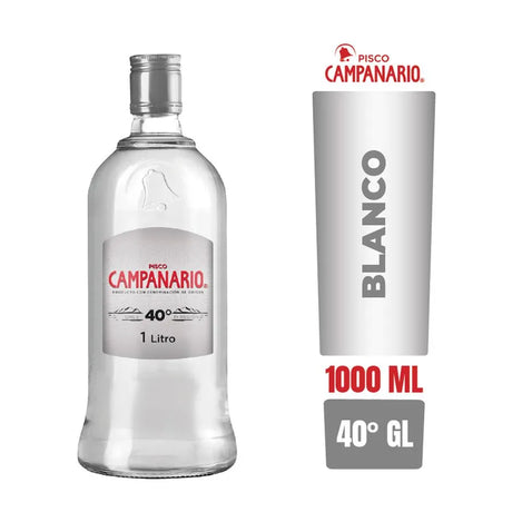 Botella de Pisco Campanario Blanco Transparente de 40 grados y 1 Litro en Comercial Unlitro.